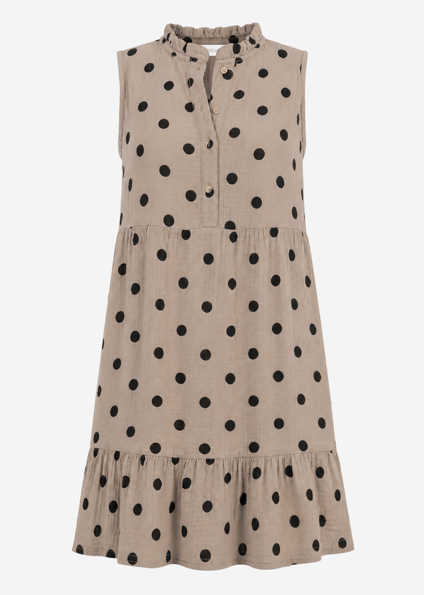 Vestido sin mangas de muselina con volantes y estampado de lunares - color topo