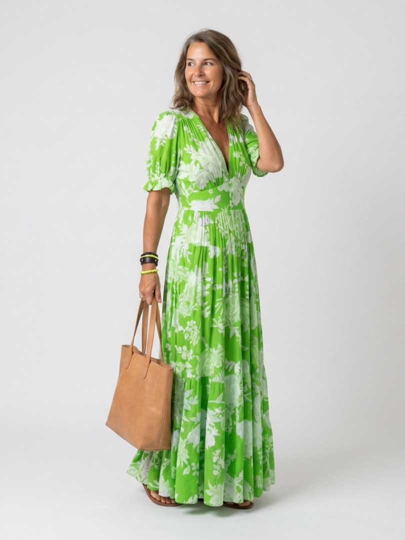 Ione | Vestido midi corto, sin mangas, con escote en V y estampado floral