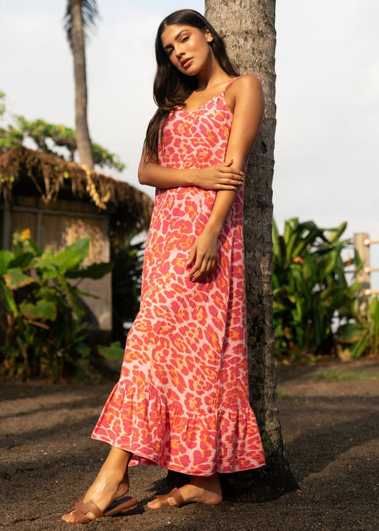Vestido largo de muselina con estampado de leopardo - rosa