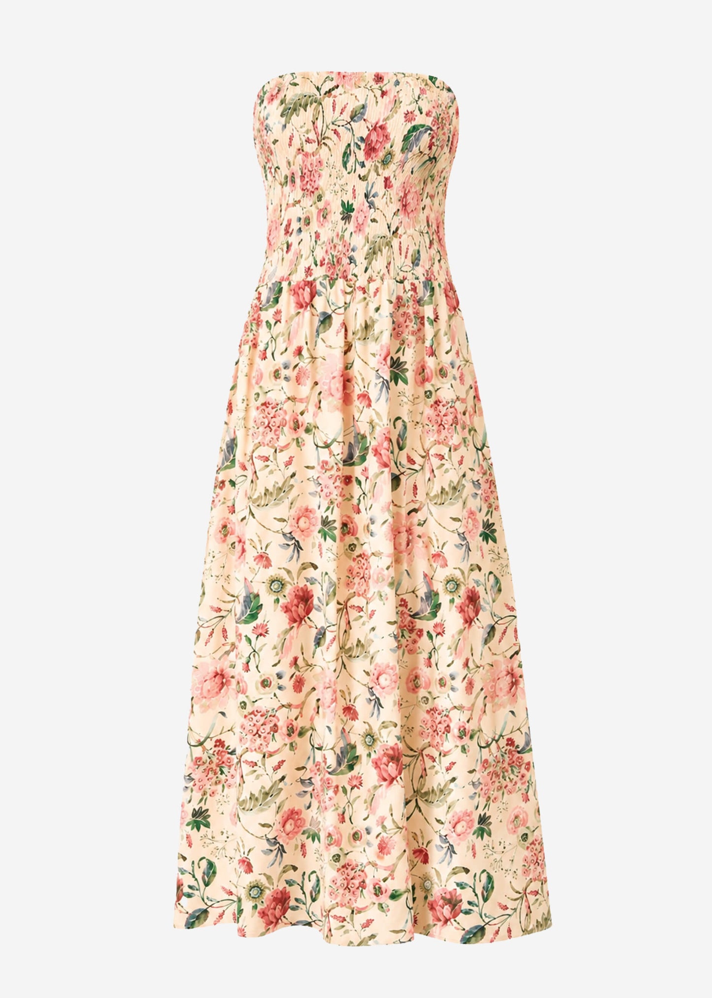 Vestido bandeau fruncido con estampado de florecitas - beige