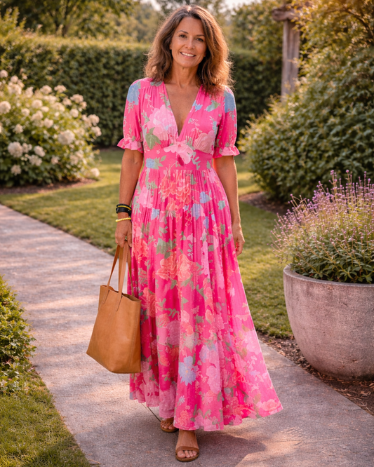 Ione | Vestido midi corto, sin mangas, con escote en V y estampado floral