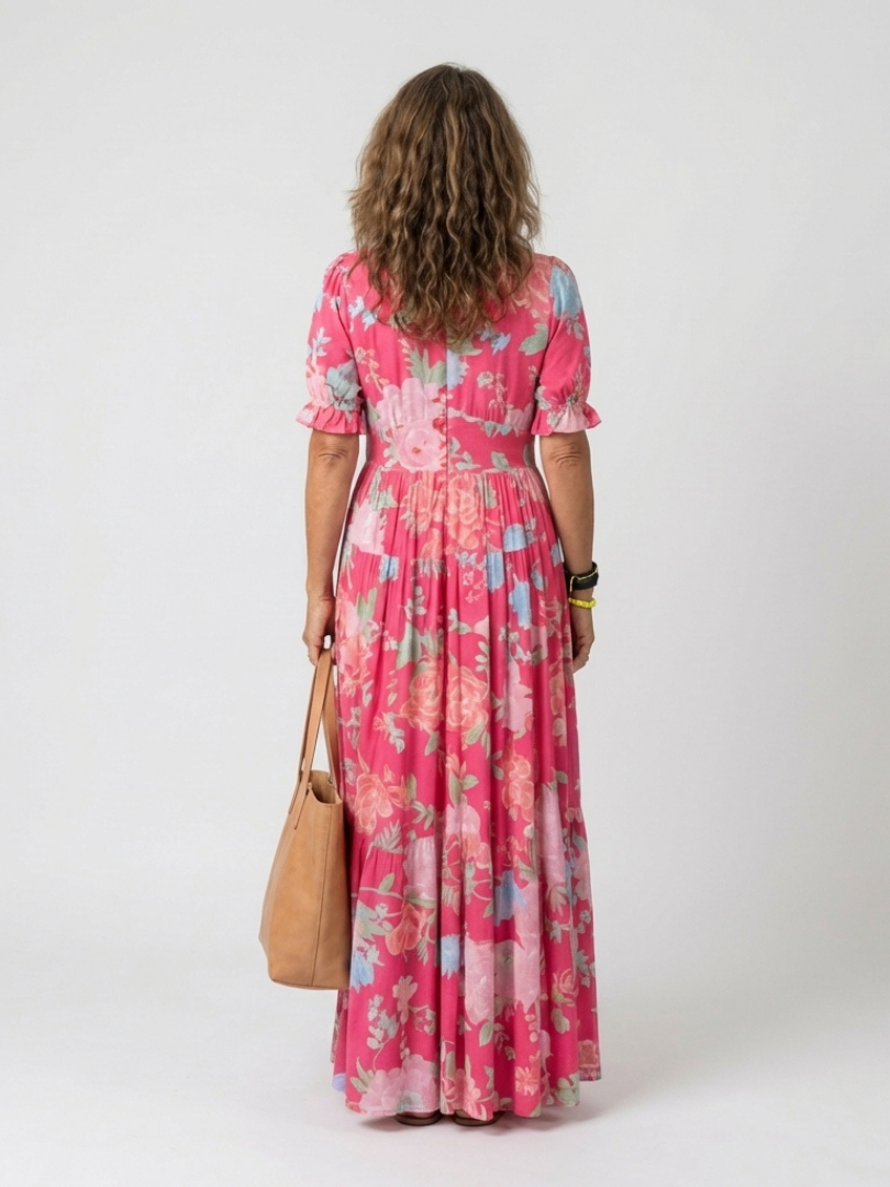 Ione | Vestido midi corto, sin mangas, con escote en V y estampado floral