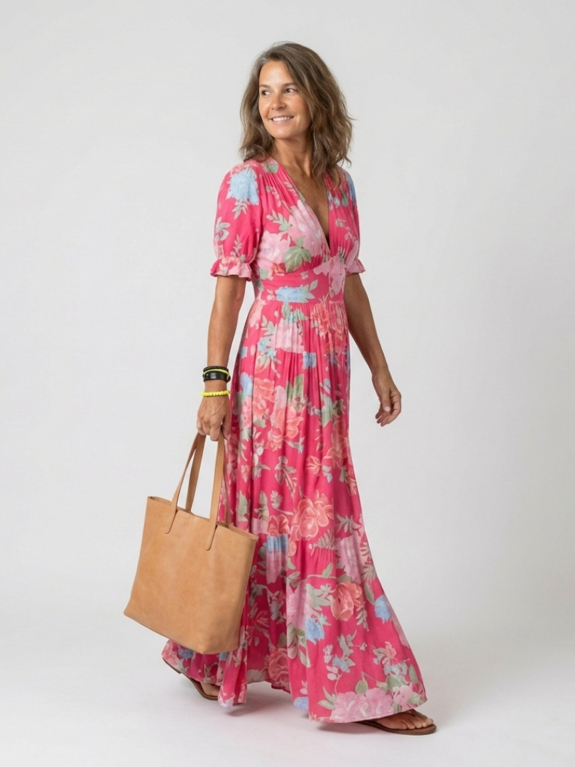 Ione | Vestido midi corto, sin mangas, con escote en V y estampado floral