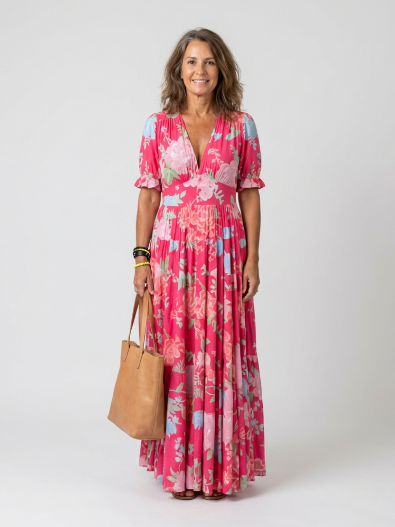 Ione | Vestido midi corto, sin mangas, con escote en V y estampado floral