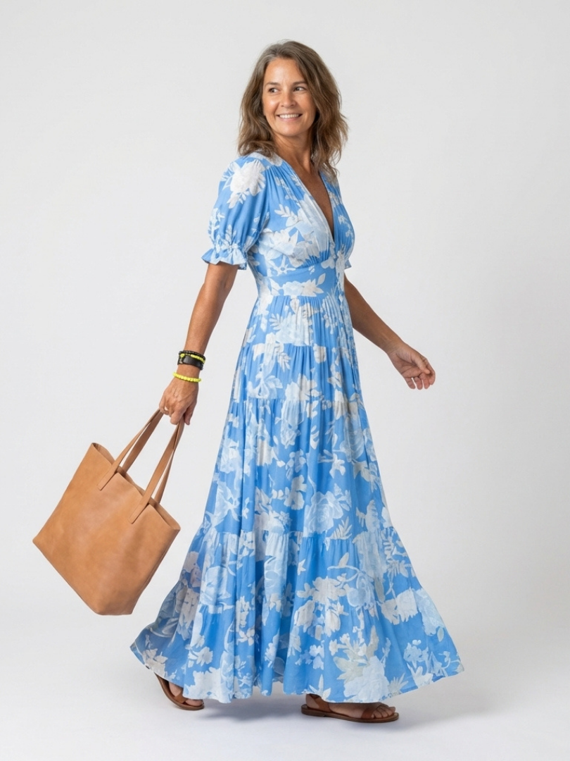 Ione | Vestido midi corto, sin mangas, con escote en V y estampado floral