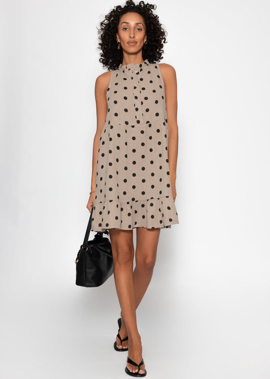 Vestido sin mangas de muselina con volantes y estampado de lunares - color topo