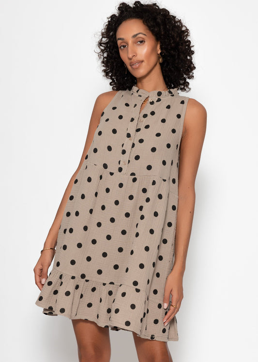 Vestido sin mangas de muselina con volantes y estampado de lunares - color topo