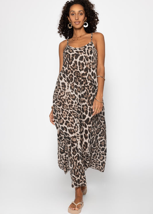 Vestido de playa ligero y transparente de muselina con estampado de leopardo - beige
