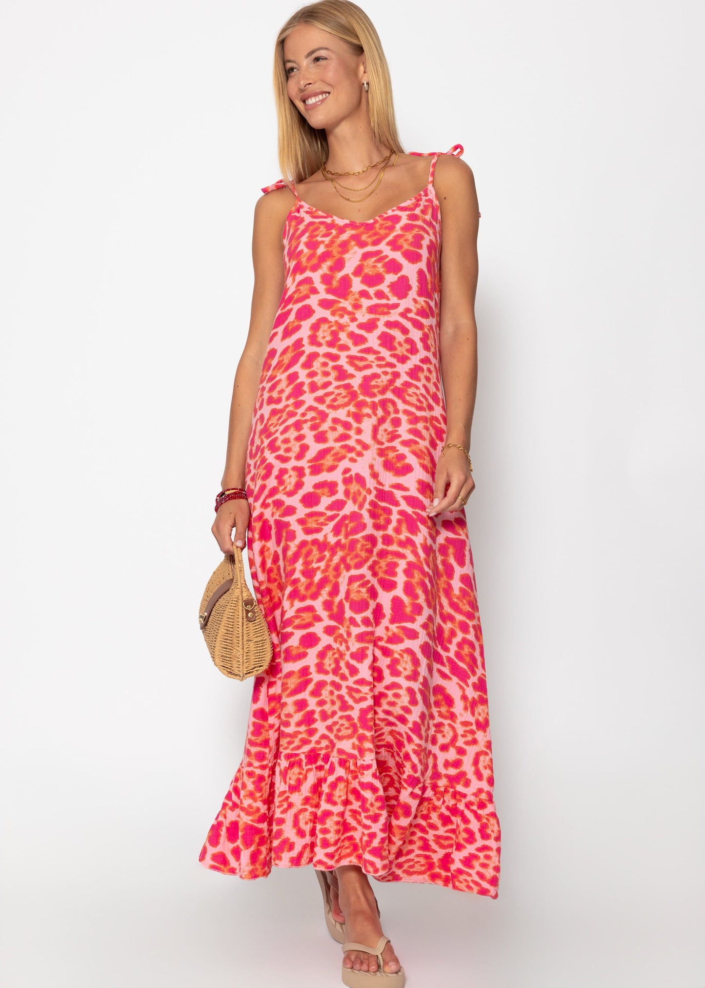 Vestido largo de muselina con estampado de leopardo - rosa