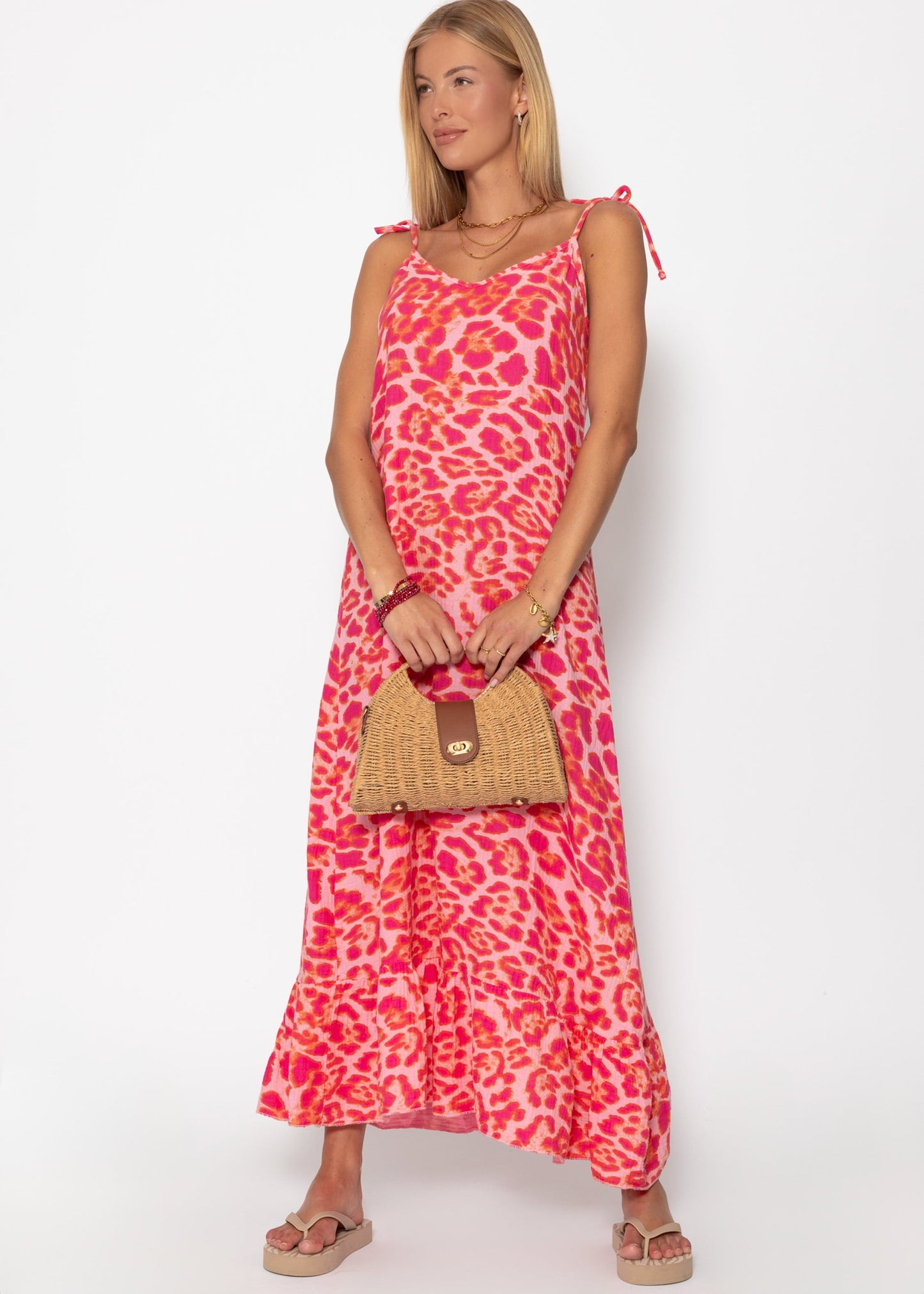 Vestido largo de muselina con estampado de leopardo - rosa